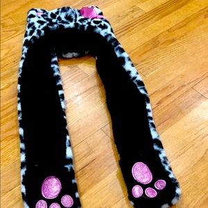Animal print hat with attached mittens/scarf